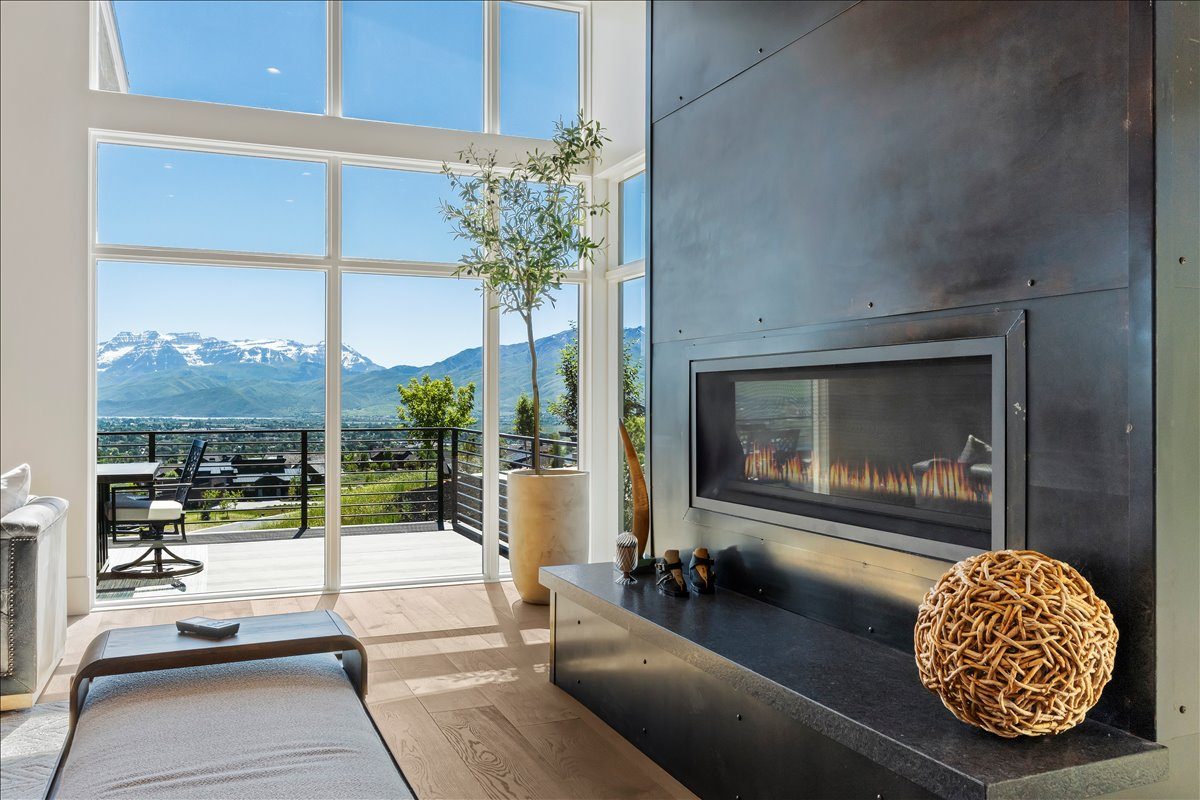 Fireplace with mountain view
